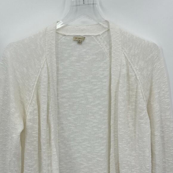 Project white cardigan sweater open front long line linen cotton blend pockets M - Picture 3 of 8